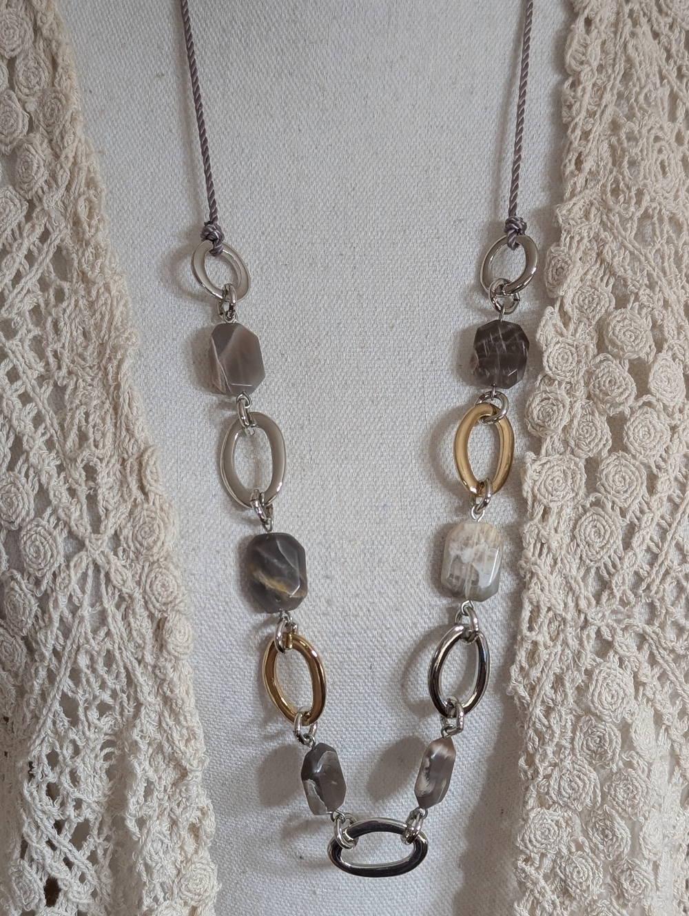 J. JILL Brown Tone Stones w/ Silver & Gold Oval Links Necklace 16" NWT
